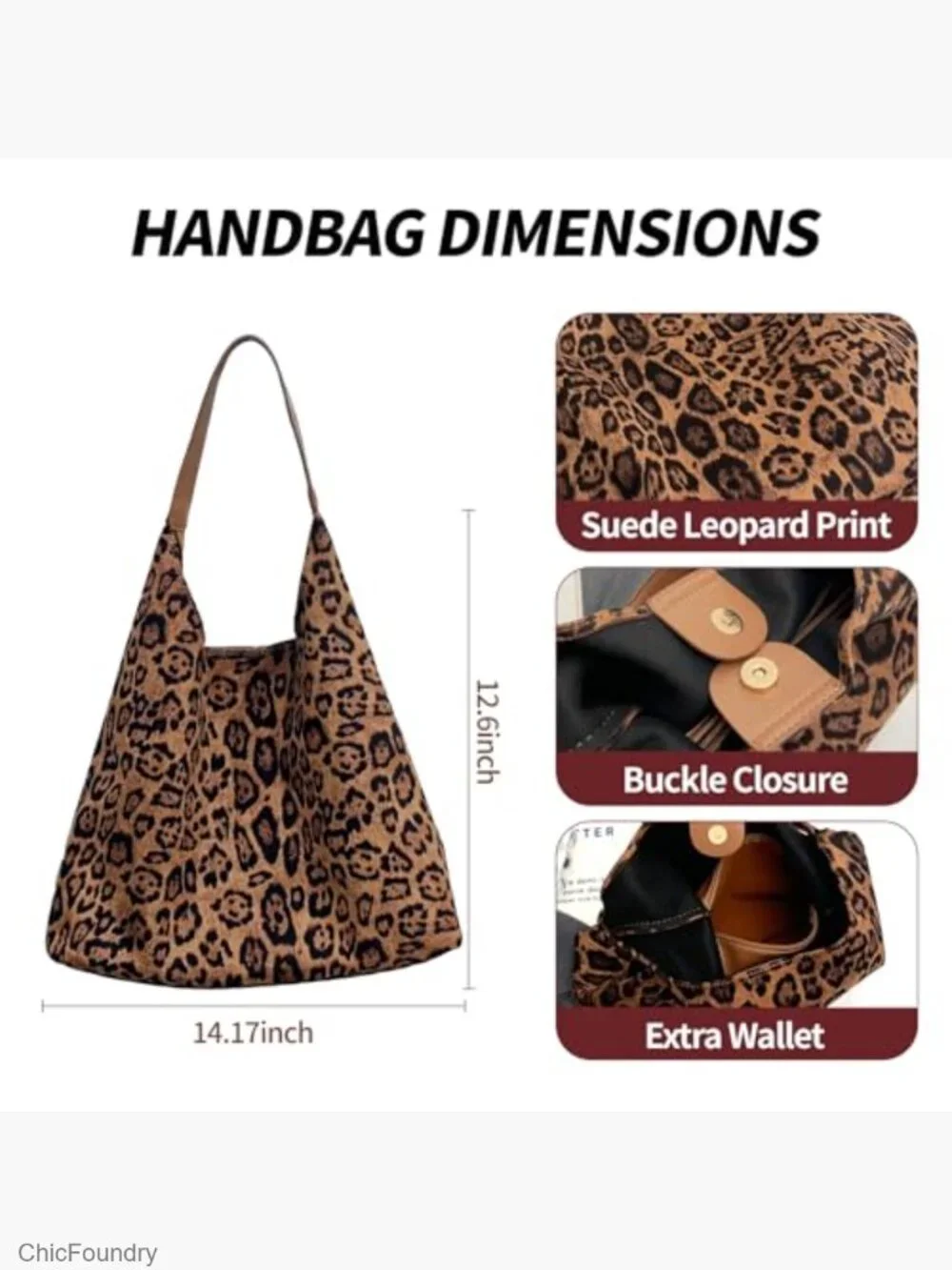 Faux Suede Leopard Hobo Bag - Large Tote with Pouch